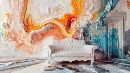 White couch in room with abstract orange and blue wall art background.