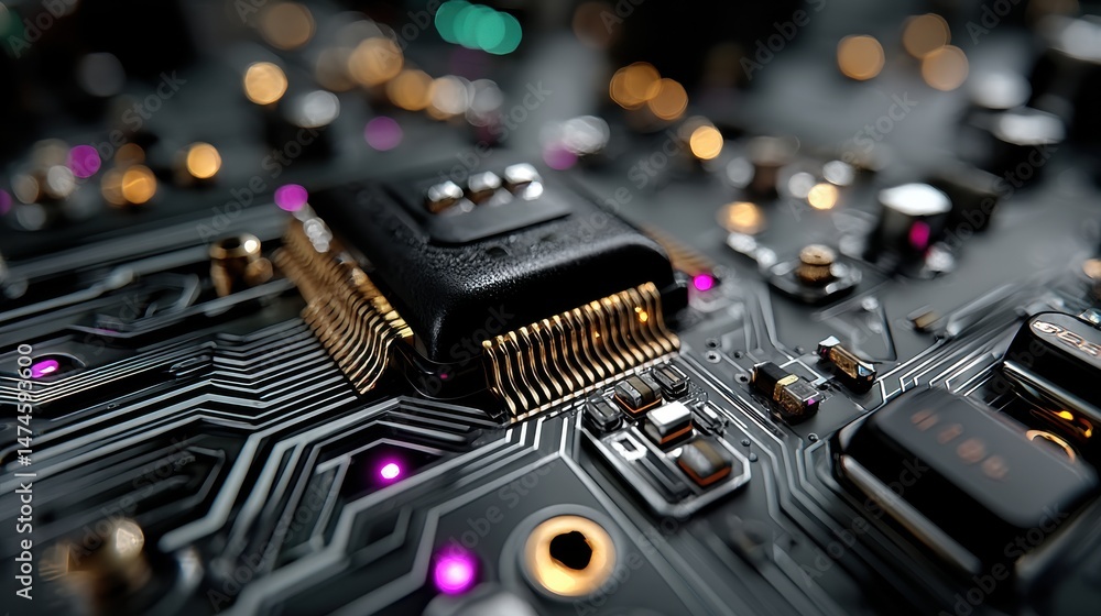 Poster futuristic blue and purple technology background with abstract circuit board patterns ideal for high