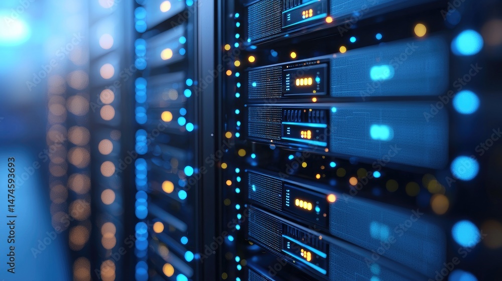 Poster blue-lit data center hallway lined with servers, showcasing digital transformation, futuristic cloud