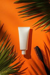White tube, black brush, palm leaves on vibrant orange background.  Sunlight casts shadows