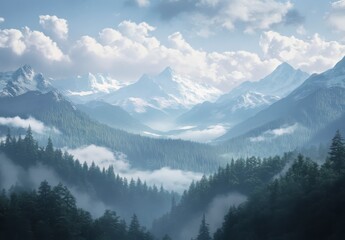 Mountain Range With Snow Covered Peaks And Foggy Forest