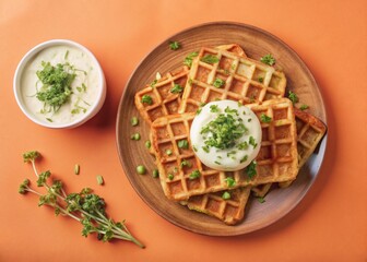 Savory Zucchini Herb Waffles with Creamy Sour Cream Sauce - Top View Panoramic