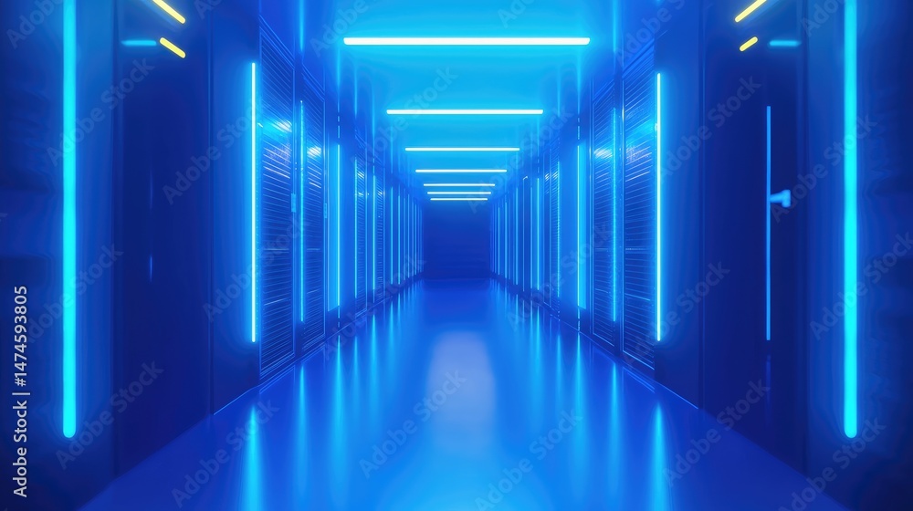 Aufkleber Close view of cloud computing infrastructure with glowing server racks and a digital cloud symbol, representing storage, networking, and AI integration