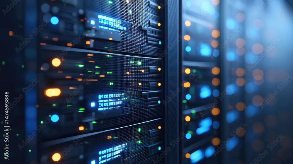 Poster Modern server room with bright blue and orange lights on digital equipment racks, symbolizing data storage, cloud computing, and secure infrastructure systems