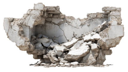Crumbling wall with exposed structure and debris from damage