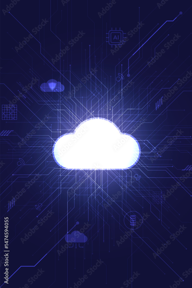 Poster glowing cloud icon with ai, server, and cybersecurity elements on futuristic digital circuit backgro