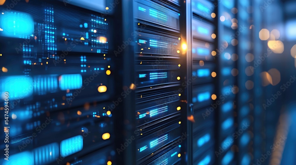 Poster Close-up of glowing blue and orange lights on data center servers, illustrating high-performance computing and futuristic digital infrastructure environments