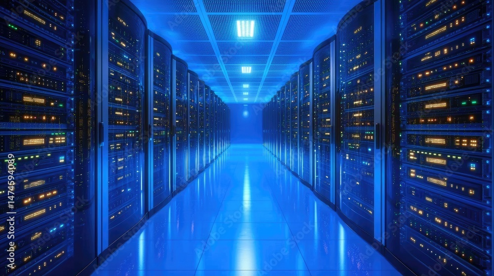 Poster symmetrical corridor in a futuristic data center lined with illuminated server cabinets, ideal for c