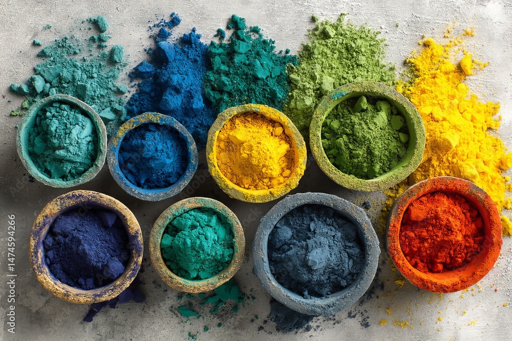 Aufkleber vibrant colored powders arranged in bowls for artistic use in creative projects and celebrations