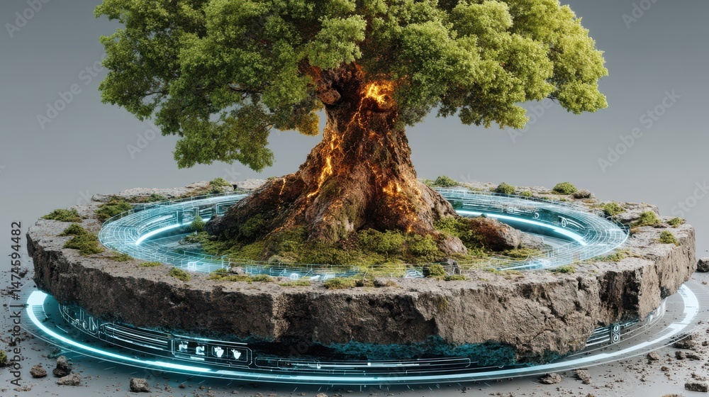 Poster futuristic digital environment showcasing a tree with technology interface.stock image