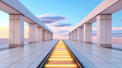 Obraz premium Futuristic train station with glowing tracks, modern architecture, sunrise sky, and calm atmosphere