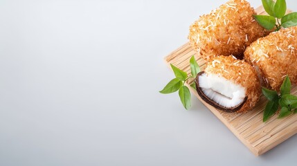 Assorted Japanese-style breaded croquettes with crispy golden coating served on a wooden board garnished with fresh green herbs, minimalist white background