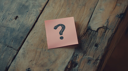A pink sticky note with a question mark on a rustic wooden surface suggesting uncertainty or inquiry.