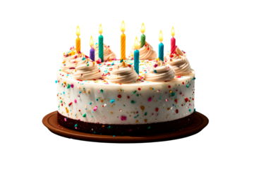 Delicious birthday cake with colorful candles and sprinkles