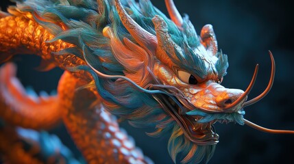 Majestic Orange and Teal Chinese Dragon Close Up