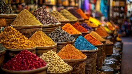Fototapeta premium Vibrant Spice Market Colorful Aromatic Herbs and Spices in Wooden Bowls