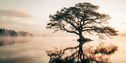 Obraz premium Serene Misty Landscape: Calm Water, Ancient Tree, Peaceful Nature