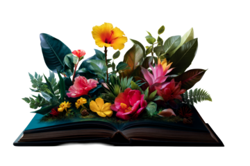 Floral and green elements sprout from an open book