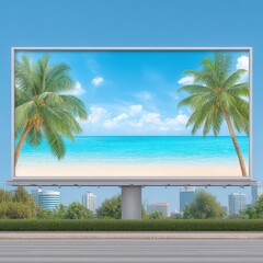 Tropical Beach Billboard Cityscape Bright Blue Sky Palm Trees Turquoise Water White Sand