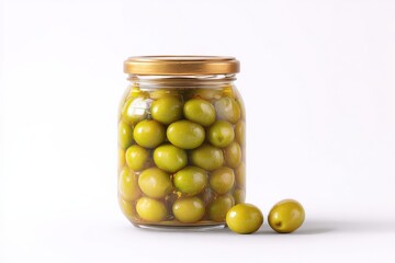 Green olives in a glass jar, two olives sit beside it.