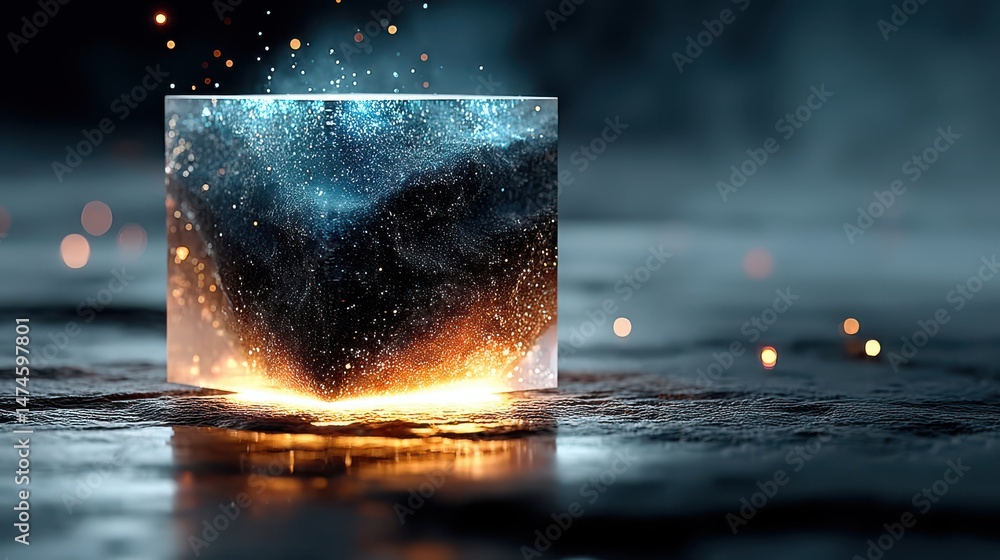 Poster glow blue digital landscape with cube particle crypto currency big data block chain and digital technology concept 3d rendering.stock image