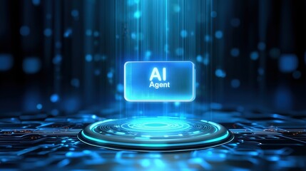 Futuristic holographic text "AI Agent" floating above glowing AI chip with intricate circuit details, set against a nighttime cityscape of skyscrapers illuminated by blue and red neon lights. High-tec