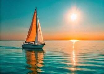 Fototapeta premium Serene Sailing Scene: Vibrant Blue Ocean, Bright Sky, Yacht