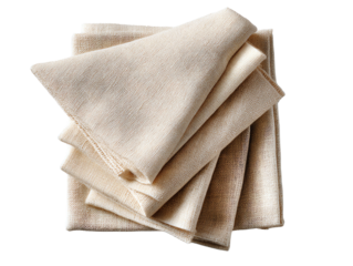 Folded beige fabric napkins isolated on white background, textile design.