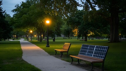 Obraz premium Evening park scene with solar-powered benches.
