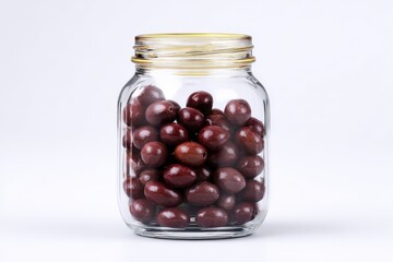 A glass jar filled with dark red olives.