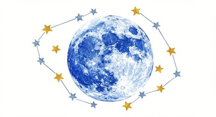 A digital rendering of a full moon and stars scattered on a white background in yellow and blue color scheme. 