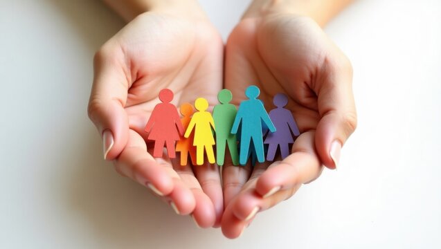 Manos abiertas que presentan figuras de papel de colores del arco iris juntas, simbolizando inclusi&oacute;n, solidaridad y unidad cultural