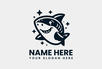 Stylized Cute Shark Vector Logo Design Graphic. Playful Marine Design