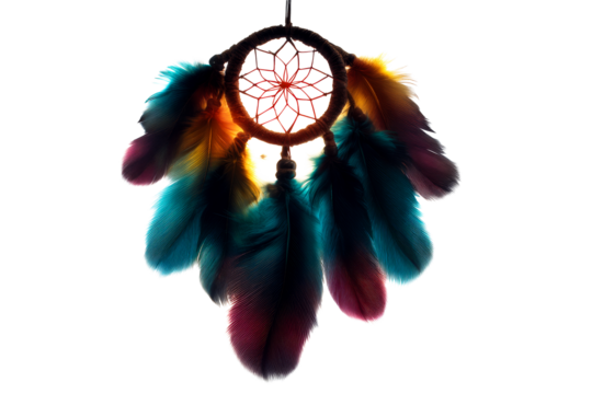 Colorful dreamcatcher with feathers on a transparent background