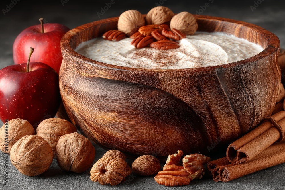 Poster warm and inviting dessert bowl filled with creamy texture topped with nuts and spices, perfect for a