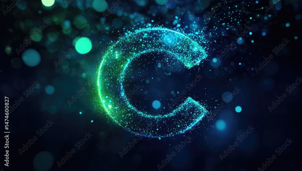 Poster dynamic letter c formed by glowing particles. abstract and futuristic design. glowing particles in t