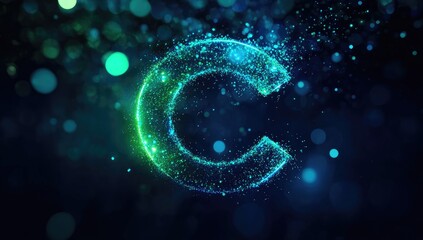 Dynamic letter C formed by glowing particles.  Abstract and futuristic design.  Glowing particles in teal, turquoise, and aqua colors against a dark background