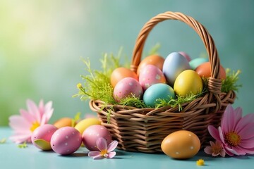 Colorful Easter eggs nestled in a spring basket, surrounded by fresh flowers , nature, willow, Easter decorations