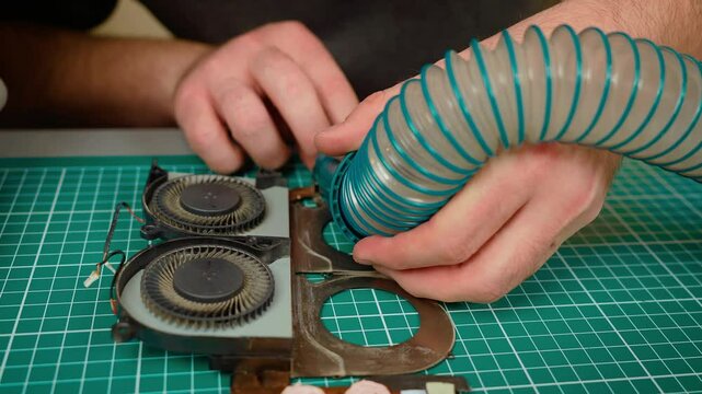 Cleaning laptop cooling system using hoover for dust removal. Vacuuming fan module to clear debris and improve airflow. Maintaining cooling unit by suctioning dirt with vacuum tube