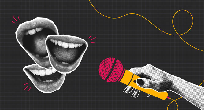 Halftone collage mouths and microphone in hand. Collage banner would be fine for interview, podcast, news, public speaker or karaoke and singing. Halftone open mouth and mic. Vector.