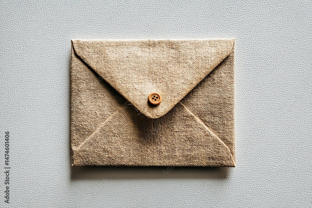Poster rustic envelope with button closure rests on textured surface
