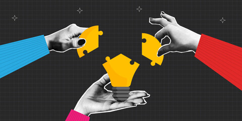 Halftone hands holding and connect puzzle pieces into light bulb. Collage banner with light bulb made of jigsaw puzzles. Concept of idea and teamwork, cooperation and partnership. Vector.