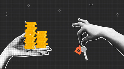 Collage real estate selling or rental banner. Halftone hand holds house keys and giving, receiving golden coins from other hand. Collage design. Concept of real estate agent. Vector.