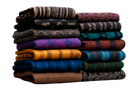 Colorful stacked sweaters with unique designs on clear bg