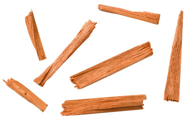 Red sandalwood sticks isolated on white background, top view.