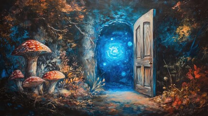 an image of the entrance to a forest with mushrooms and a door leading to a, magic doorway, magical portal gateway
