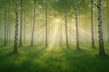 Obraz premium Misty morning in a birch forest, sun rays streaming through white trunks