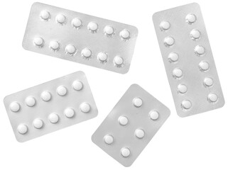 White pills in the plastic blister, isolated on white background, top view.