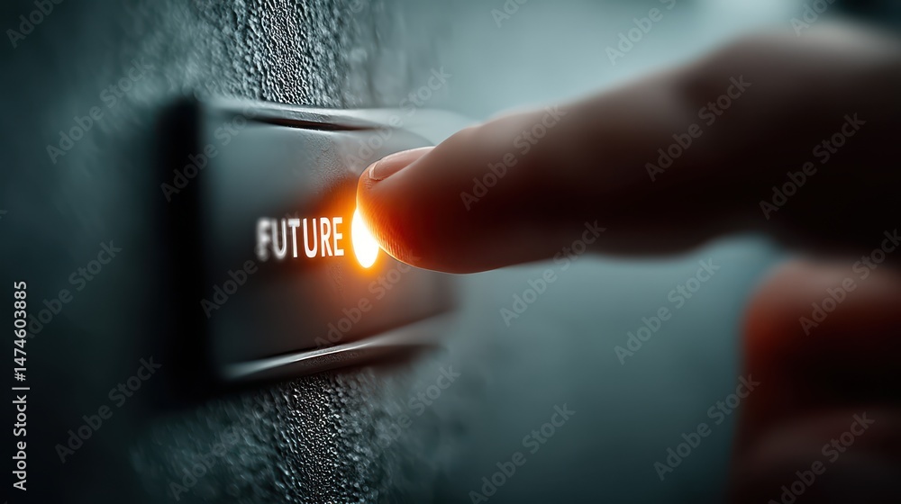 Poster hand clicking on future button.stock image