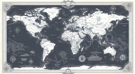 Black-and-white world map with decorative borders, compass roses, and ship illustrations.